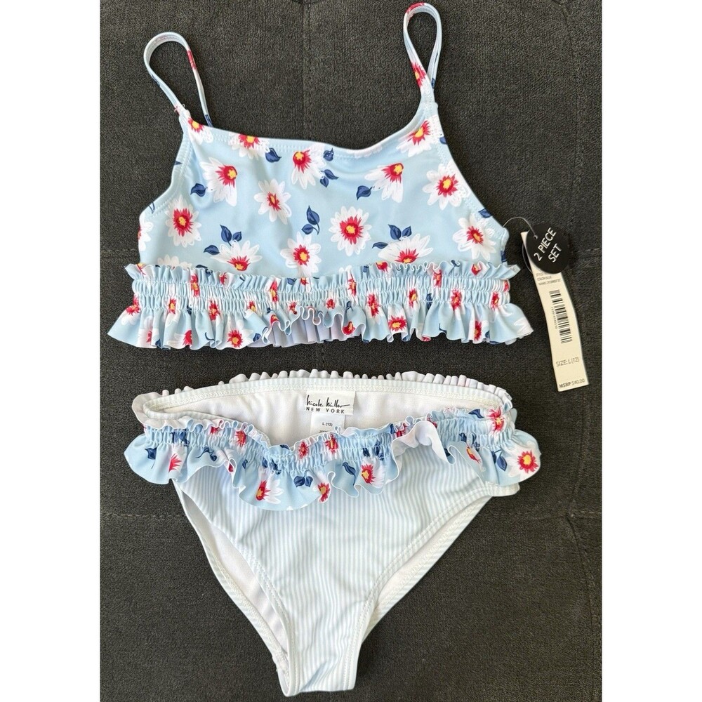 NWT's Nicole Miller Girls 12 Two Piece Swimsuit, Blue Floral/Striped